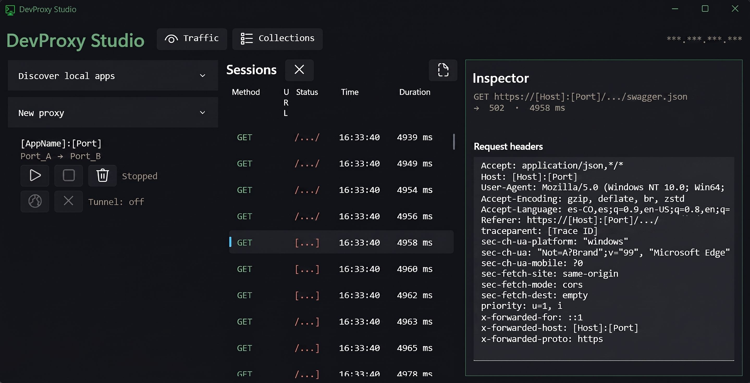 DevProxy Studio — Proxy reverso modular que expone aplicaciones locales a la red y captura, persiste e inspecciona todo el tráfico HTTP que las atraviesa.