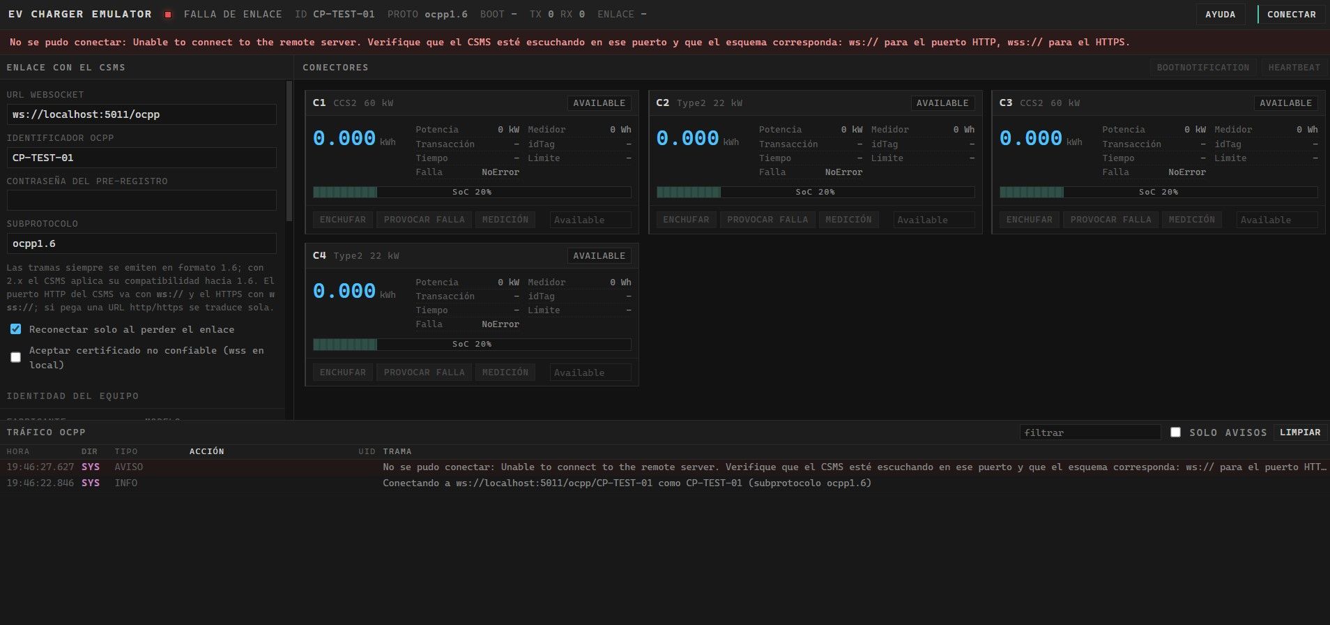 EvCharger Emulator — Emulador de estaciones de carga de vehículo eléctrico que habla el protocolo estándar del sector, para probar sistemas de gestión sin hardware físico.