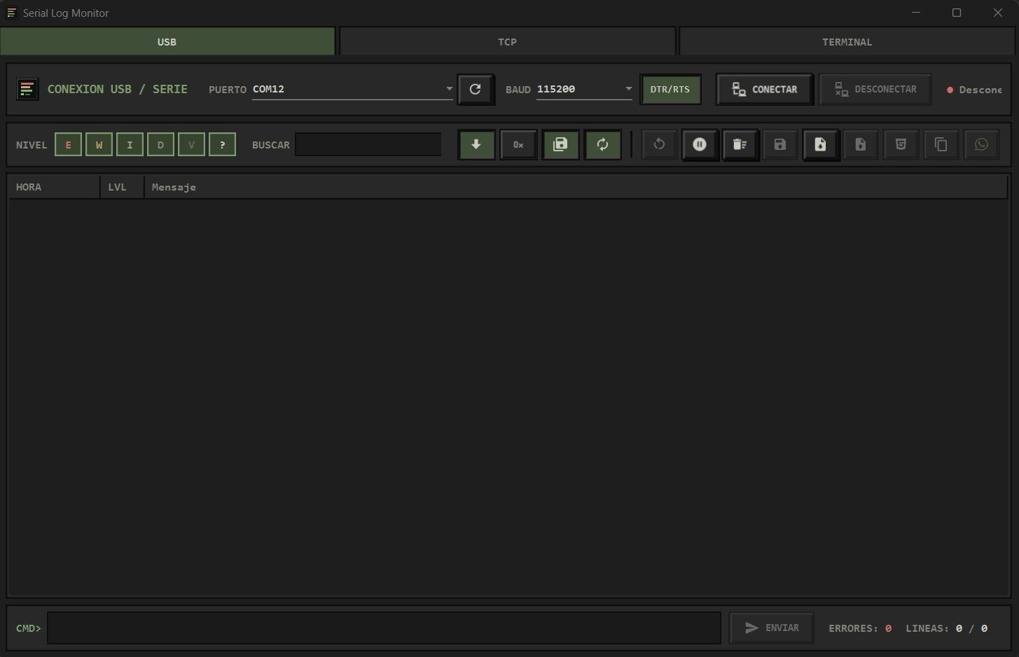 Serial Log Monitor — Herramienta de escritorio para observar en tiempo real logs por puerto serie y TCP, con terminal integrado para configurar el dispositivo sin cambiar de aplicación.