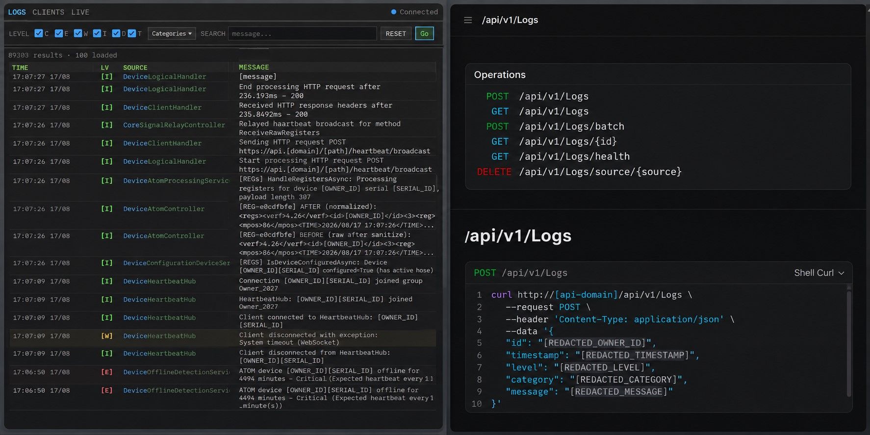Speed.Logging — Plataforma de logging distribuido con API, cliente, contratos compartidos y dashboard, nacida de un problema real de diagnóstico en campo.
