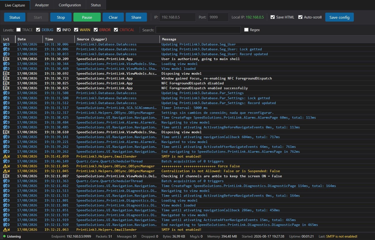 UDP Log Viewer — Aplicación de escritorio para capturar registros por red de forma continua durante días, con consumo acotado y estabilidad prolongada.